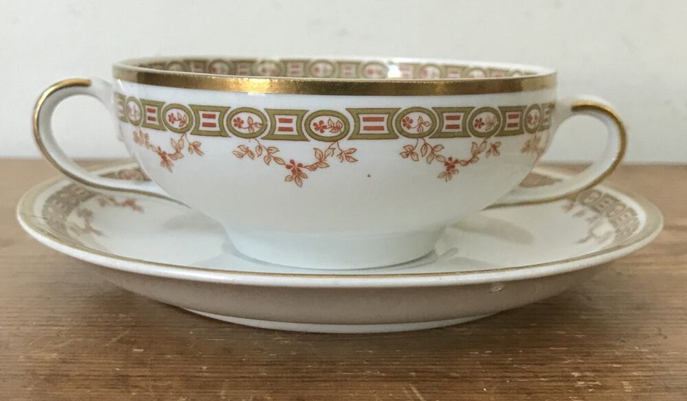 Pair 2 Vtg Antique Pope Gosser Fine China Porcelain Double Handle Cups Saucers